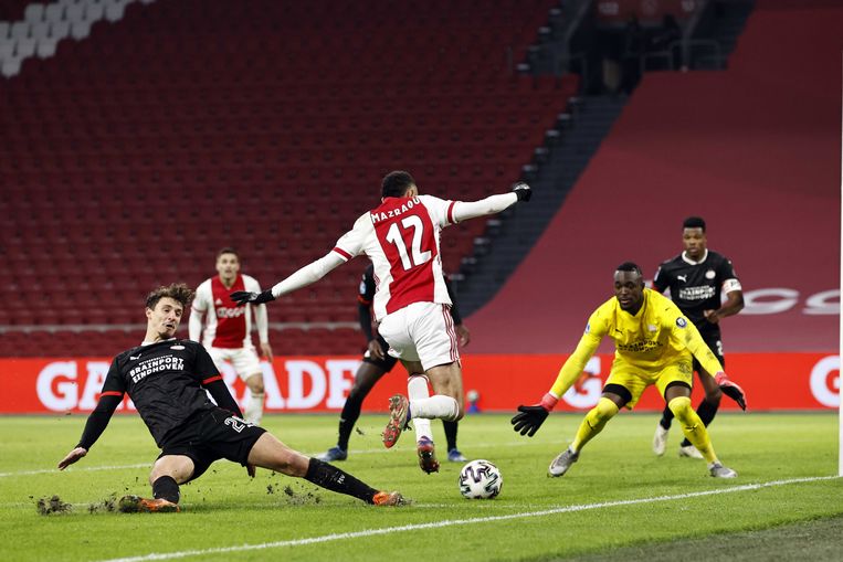 Van links naar rechts: Olivier Boscagli van PSV, Dusan Tadic en Noussair Mazraoui van Ajax, Yvon Mvogo en Denzel Dumfries.  Beeld ANP