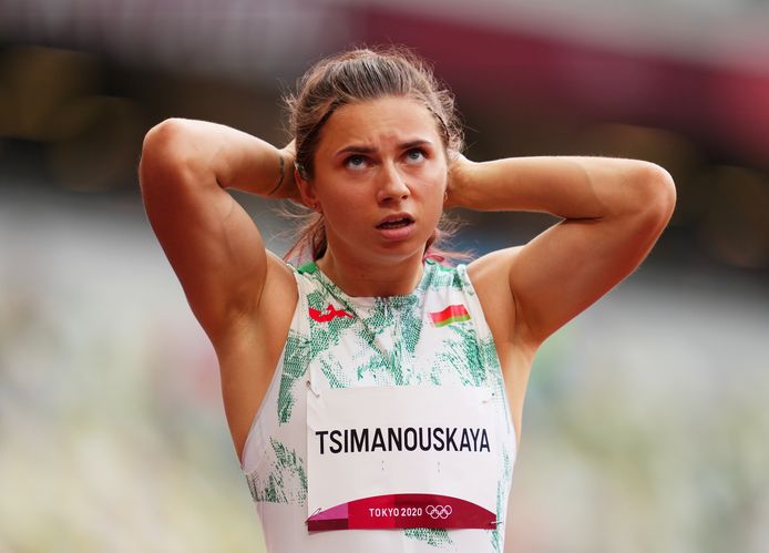 Sprinter Kristina Tsimanoeskaja in actie op de Spelen op de 100 meter sprint. (30/07/2021)