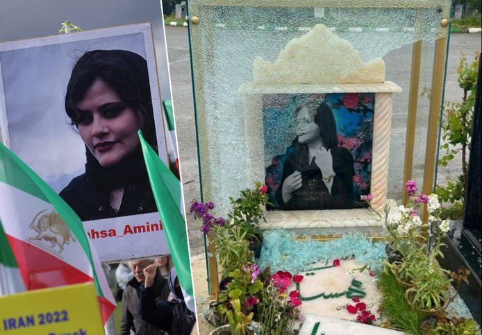 Het vernielde graf van de Iraanse Mahsa Amini.
