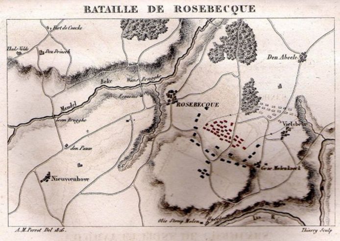 Een kaart van de ‘Bataille de Rosebecque’, ofte de Slag bij Westrozebeke.
