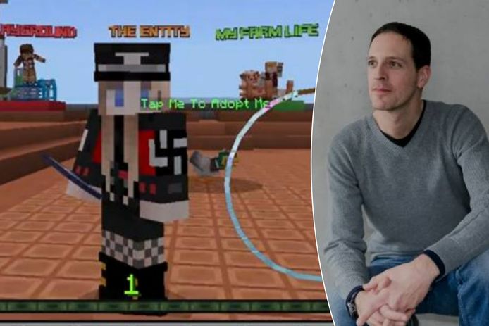 Een poppetje met een swastika-armband in het spel 'Minecraft', heel populair bij 6- tot 12-jarigen. / Gamekenner David Verbruggen.