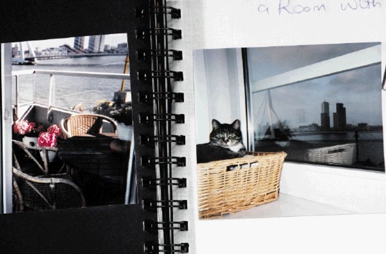 Bladzijde uit een fotoboek van de auteur. Rechts op de foto: Karel de kat. (FOTO'S JÃ¿RGEN CARIS) Beeld 