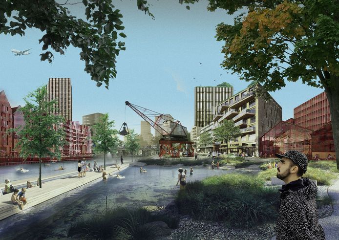 Een schets van hoe de kanaalzone in Helmond er in de toekomst uit kan komen zien.