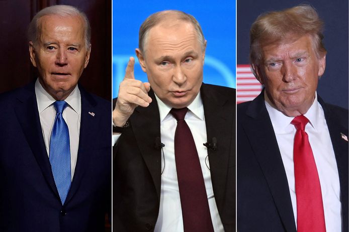 Van links naar rechts: huidig Amerikaans president Joe Biden, Russisch president Vladimir Poetin en Amerikaans ex-president Donald Trump.