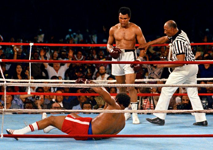 Muhammad Ali tijdens het kampioensgevecht met George Foreman.
