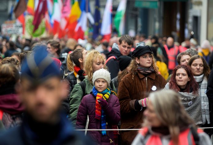 Greta Thunberg op de Europese klimaatbetoging vorige week in Brussel.
