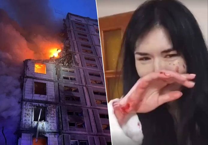 Links: de Russen troffen ook een woonblok in Uman. Rechts: een vrouw toont huilend de schade die aangericht werd aan haar woning.