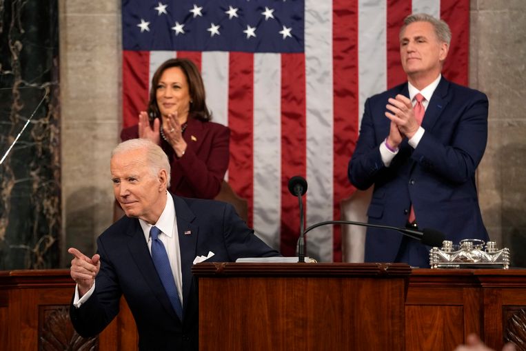 Joe Biden tijdens zijn jaarlijkse toespraak in het Amerikaanse Congres. Beeld Getty Images
