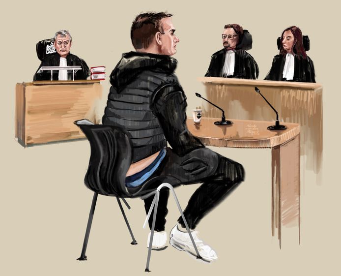 Rechtbanktekening van Mark G. in de rechtbank van Rotterdam.