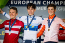 Nummer drie Guus van den Eijnden (rechts), samen met winnaar Léo Bisiaux en de Deen Daniel Nielsen op het podium van het EK veldrijden in Namen.