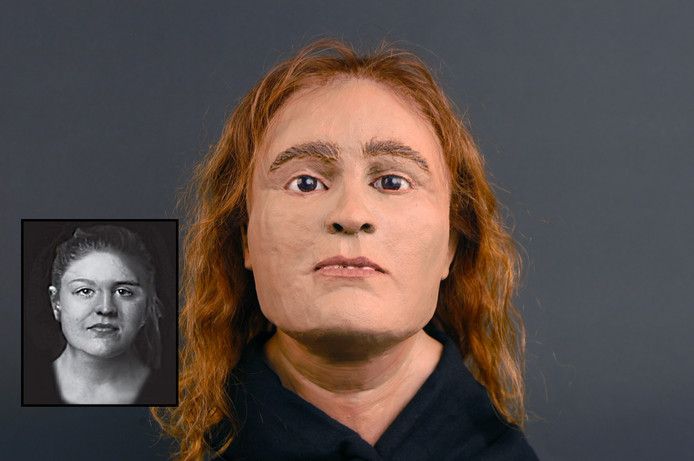 De gezichtsreconstructie van de vrouw van 2008 en anno nu (inzet links).