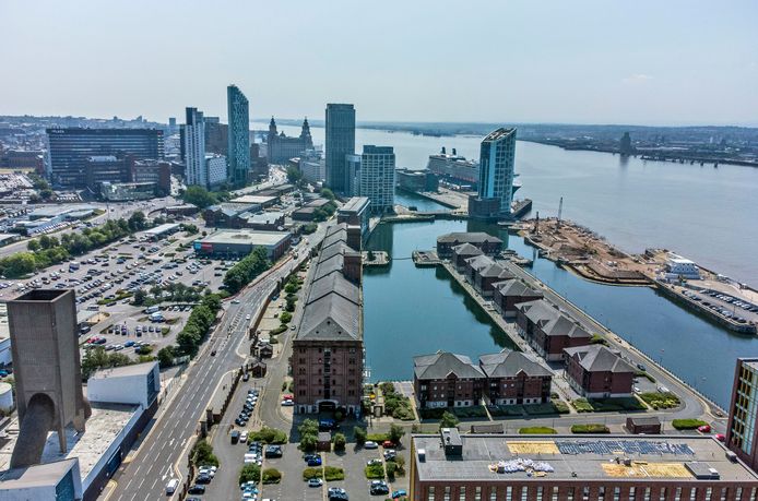 An aerial view of Liverpool's historic harbor area, now de-listed.