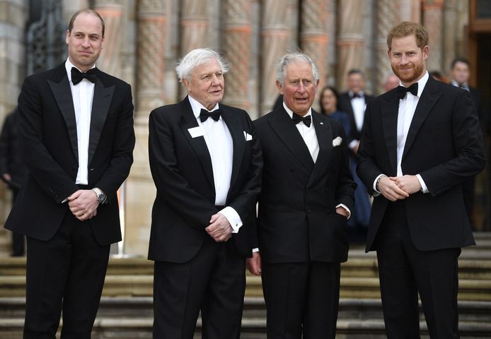 Van links naar rechts: prins William, David Attenborough, prins Charles en prins Harry.