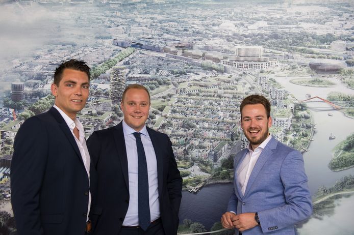 Vlnr Tim van het Hof (D66), Thierry Aartsen (VVD) en Arjen van Drunen (PvdA).