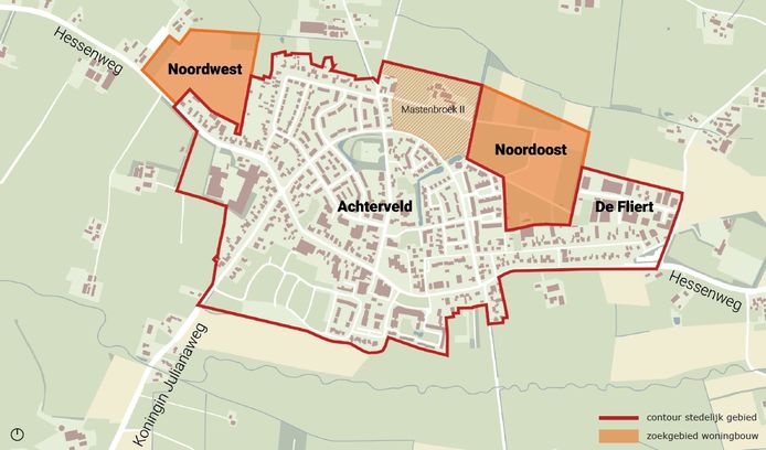 De oranje vlakken buten Achterveld staan te boek als locatie voor nieuwe woonwijk. De bouwplannen voor Mastenbroek II zijn al klaar.