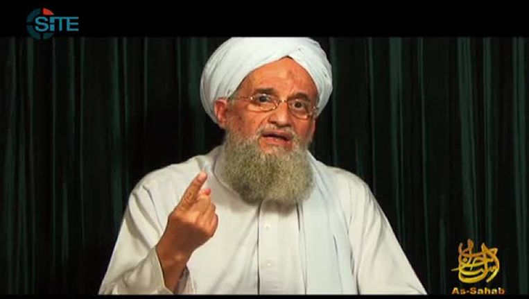 Ayman al-Zawahiri, de leider van Al Qaida tijdens een toespraak op een onbekende locatie. Beeld afp
