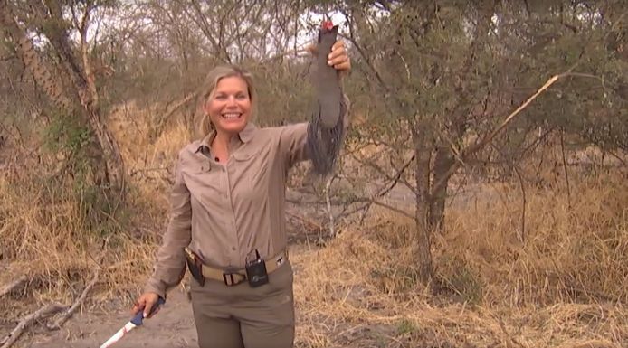 Susan LaPierre met de afgehakte staart van een olifant die ze net heeft doodgeschoten.
