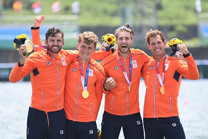 Dirk Uittenbogaard, Abe Wiersma, Tone Wieten en Koen Metsemakers bezorgden TeamNL de eerste gouden medaille in Tokio.