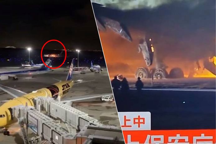 Vliegtuig van Japan Airlines staat in brand op luchthaven van Tokio.