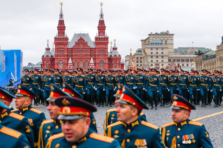 De 9 mei parade van vorig jaar, op het Rode Plein in Moskou.  Beeld AP