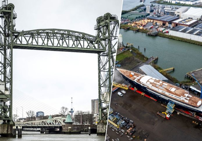Rotterdamse brug 'De Hef' en het superjacht van Bezos dat in opbouw is door het bedrijf Oceanco.