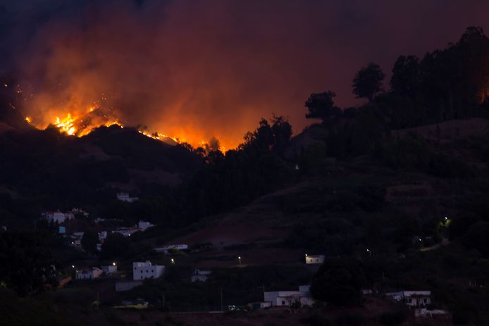 Het vuur bedreigt het dorp Moya op Gran Canaria in Spanje.
