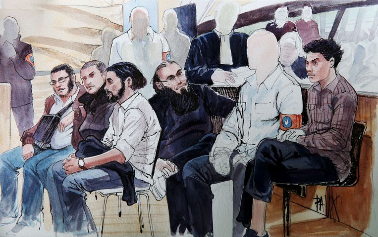 Leden van Sharia4Belgium op een rechtbanktekening uit 2014. Beeld AFP