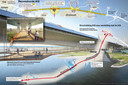 Infographic van de te bouwen brug over het Pannerdensch Kanaal. De fietsbrug hangt onder het bovendek van de A15.