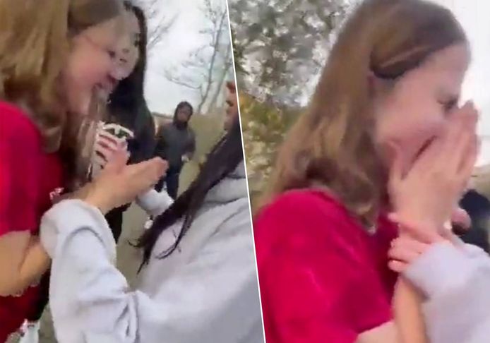 De schokkende beelden tonen hoe een groep pesters een 13-jarig meisje aanvalt en uitscheldt.