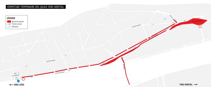 Chantier du tram sur les quais Saint-Léonard et Coronmeuse.