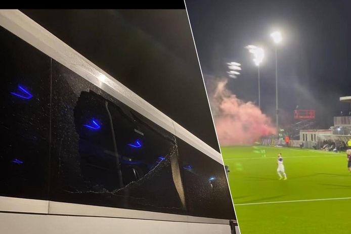 Een raam van een supportersbus werd ingegooid. / In het stadion werden rookbommen gegooid.