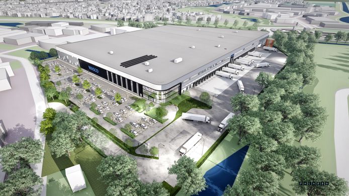 Een impressie van het nieuwe distributiecentrum van technische groothandel Wasco, dat gebouwd wordt op industrieterrein Kloosterlanden in Deventer.