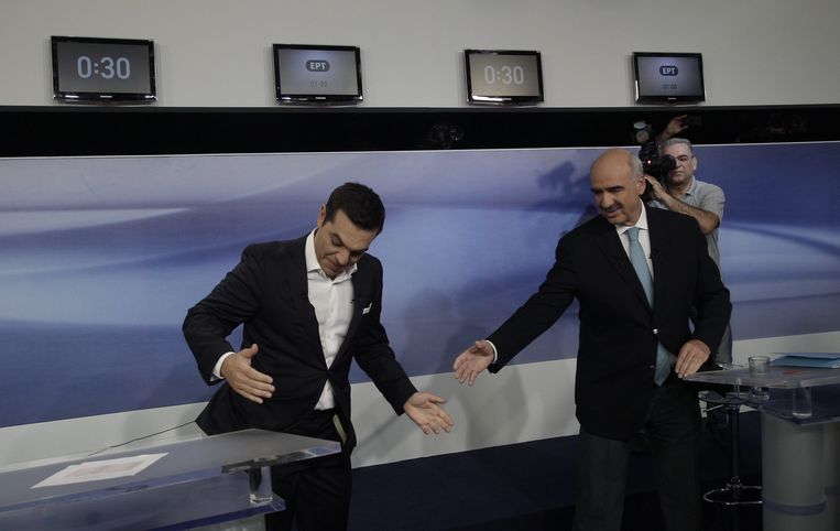 Tsipras en Meimarakis tijdens een verkiezingsdebat op 14 september 2015. Beeld anp