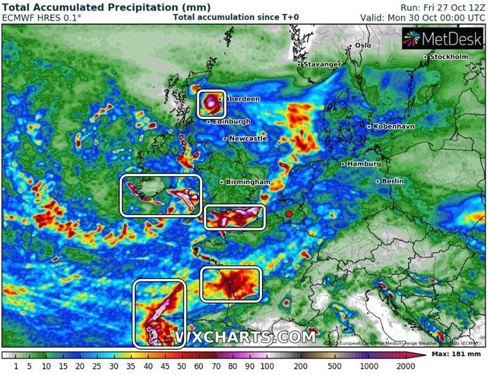 Locally, rainfall amounts could reach 150 liters of water per square meter until Sunday evening.