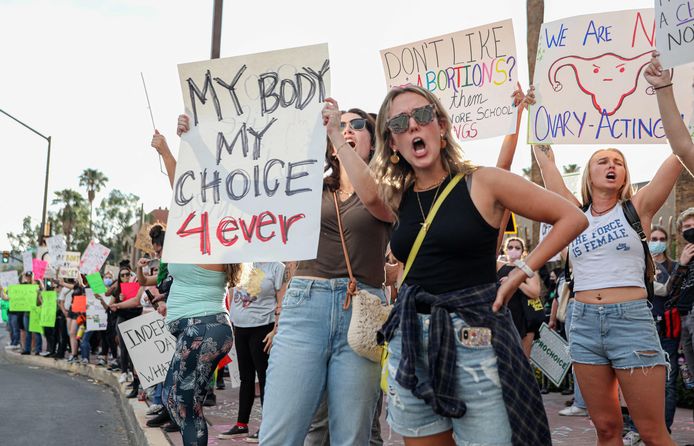 Vrouwen betogen voor het recht op abortus in Houston, Texas.