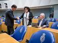 Premier Mark Rutte, Caroline van der Plas van BBB en Ralf Dekker van Forum tijdens een debat over de excuses voor het Nederlandse slavernijverleden.