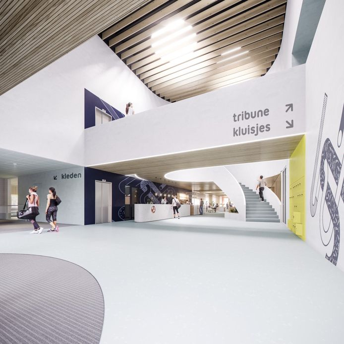 Zo komt de entree van het nieuwe binnensportcomplex van Zaltbommel eruit te zien. In zowel het zwembad als de sporthal komt een tribune voor 150 toeschouwers.