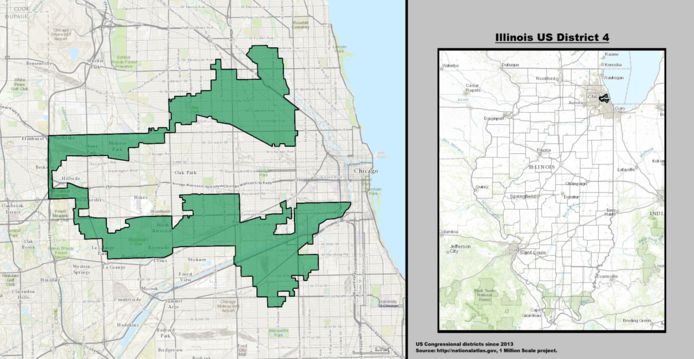 Het vierde district van Illinois, een van de vreemdst gevormde van de hele VS, lijkt op een soort van koptelefoon die op zijn zijkant ligt en omhelst vooral Spaanstalige buitenwijken van Chicago met vooral Democratische kiezers.