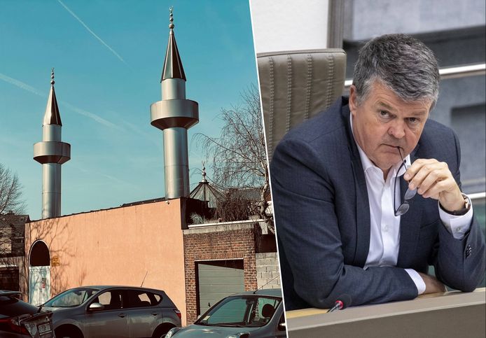 Fotomontage. De Kevser-moskee in Aalst, Vlaams minister van Binnenlands Bestuur Bart Somers (Open Vld).