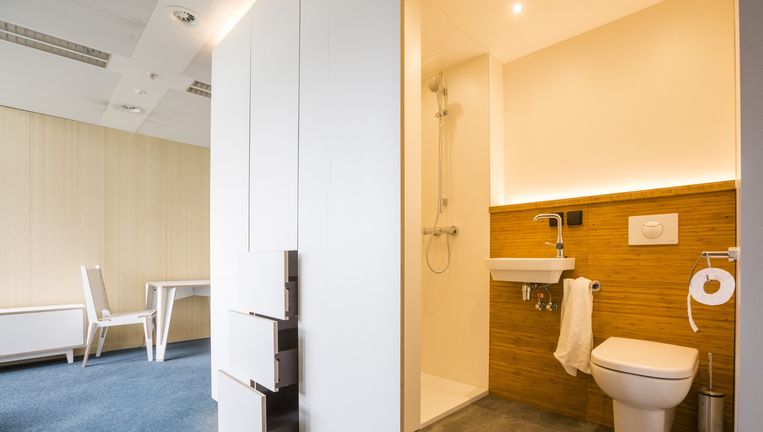 De Comfort Cabin. In één blok zitten een keuken en een badkamer, op maat gemaakt voor de ruimte waarin deze wordt geplaatst. Beeld Freek van den Bergh