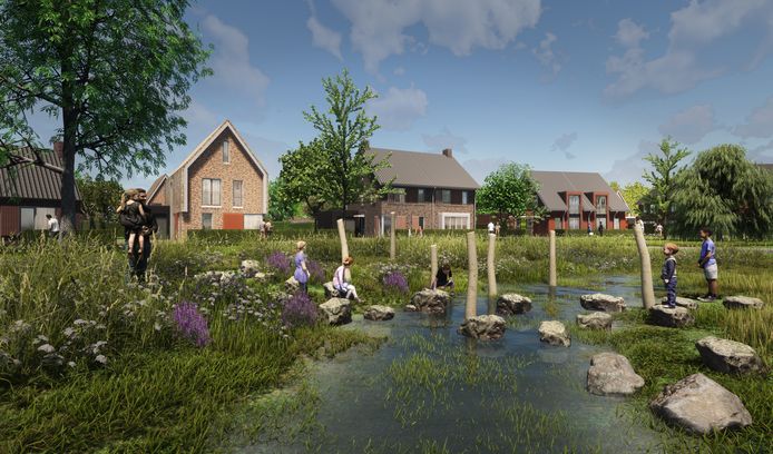 Impressie van de nieuwe wijk De Waterbrink. Woningen rond een centrale brink met waterpartij.