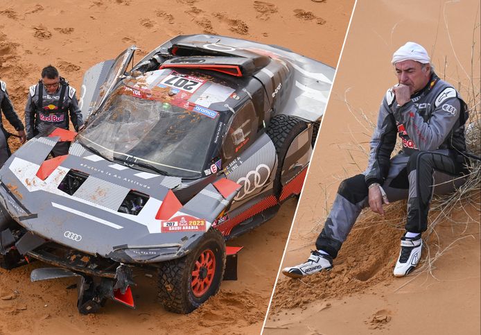 Carlos Sainz crashte met zijn Audi in de Rally Dakar.