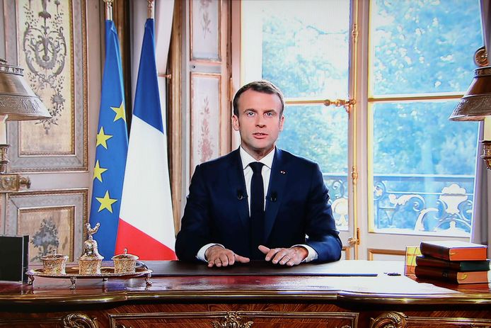 De Franse president Macron houdt een toespraak. Archiefbeeld.