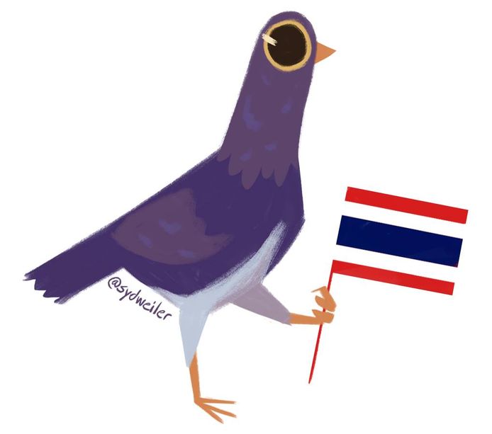Een nieuwe variant van de paarse duif, die grafisch ontwerpster Syd Weiler speciaal maakte voor Thailand. In zijn pootje houdt hij de Thaise vlag.
