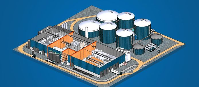 Impressie van de mestverwerkingsinstallatie die VTTI Bio Energy wil bouwen op De Spinder.