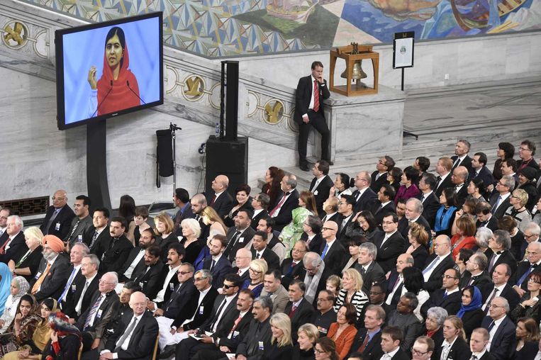 Malala Yousafzai tijdens haar ontvangstspeech. Beeld afp