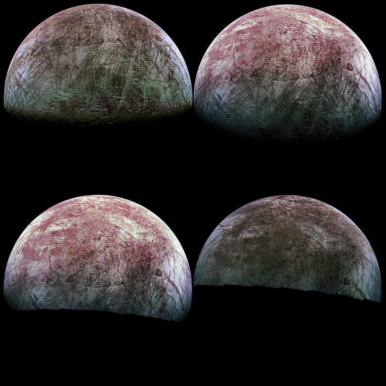 La luna di Giove Europa in quattro momenti durante l'ultimo passaggio della navicella spaziale Juno.  Immagine NASa / JPL-Caltech / SwRI / MSSS / Thomas Thomopoulos