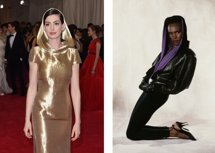 Links: Anna Hathaway. Rechts: Grace Jones.