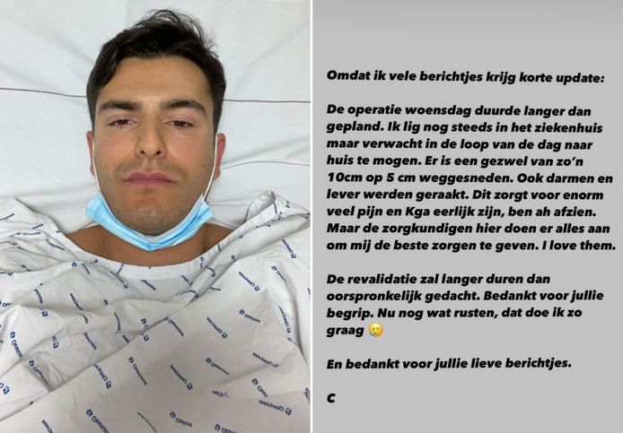 Vooruit-voorzitter Conner Rousseau toen hij vorige maand met spoed werd opgenomen (links). De politicus is woensdag geopereerd wegens een cyste op de nieren, zo meldt hij in een bericht op Instagram (rechts).