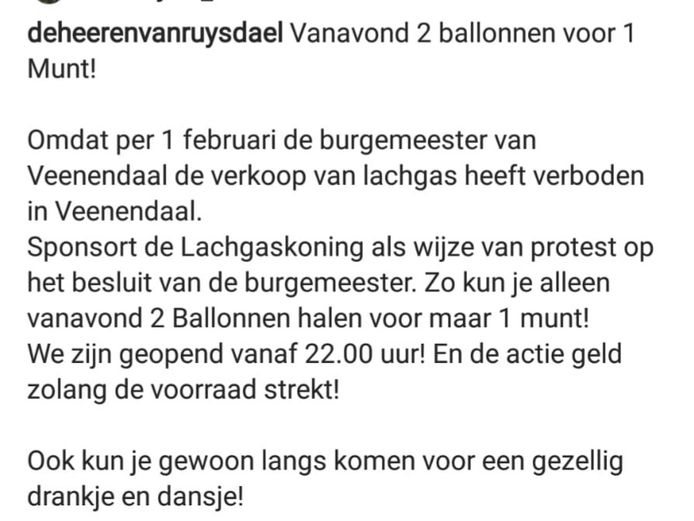 Het inmiddels verwijderde Instagram-bericht van café De Heeren van Ruysdael in Veenendaal.